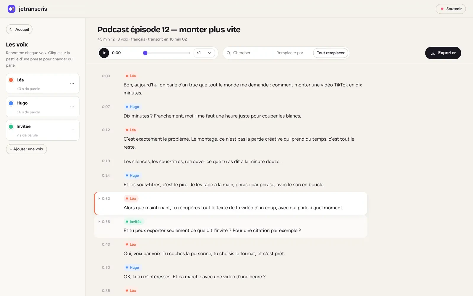 L'éditeur de jetranscris : chaque phrase avec la voix qui la prononce