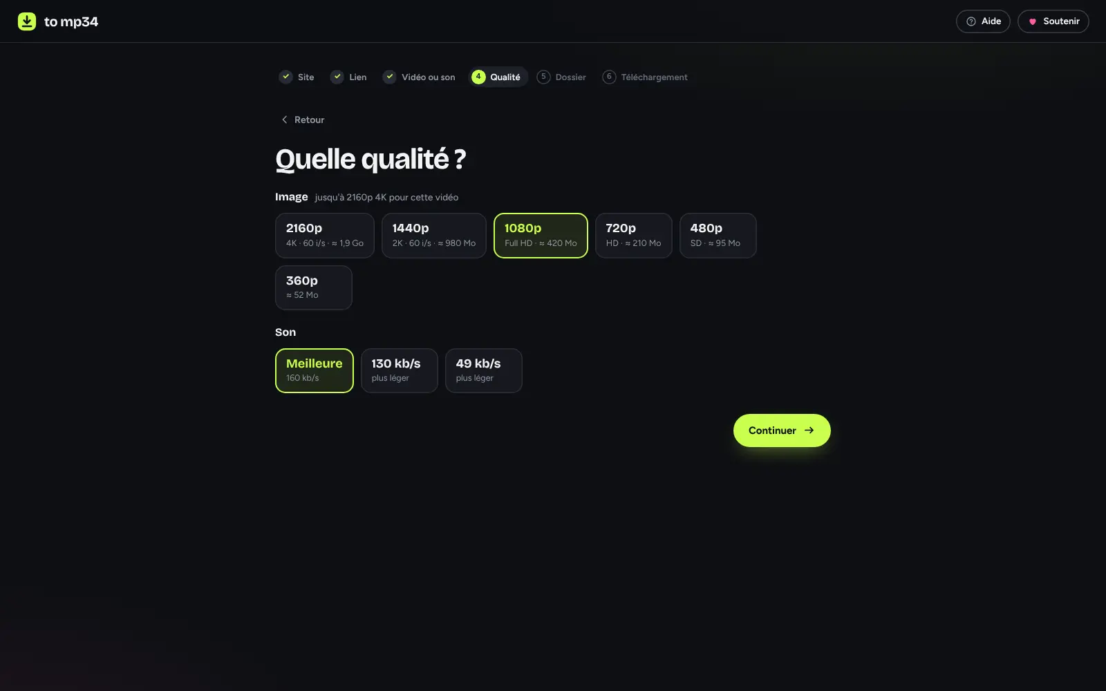 to mp34 : choix de la qualité, 1080p sélectionné de base